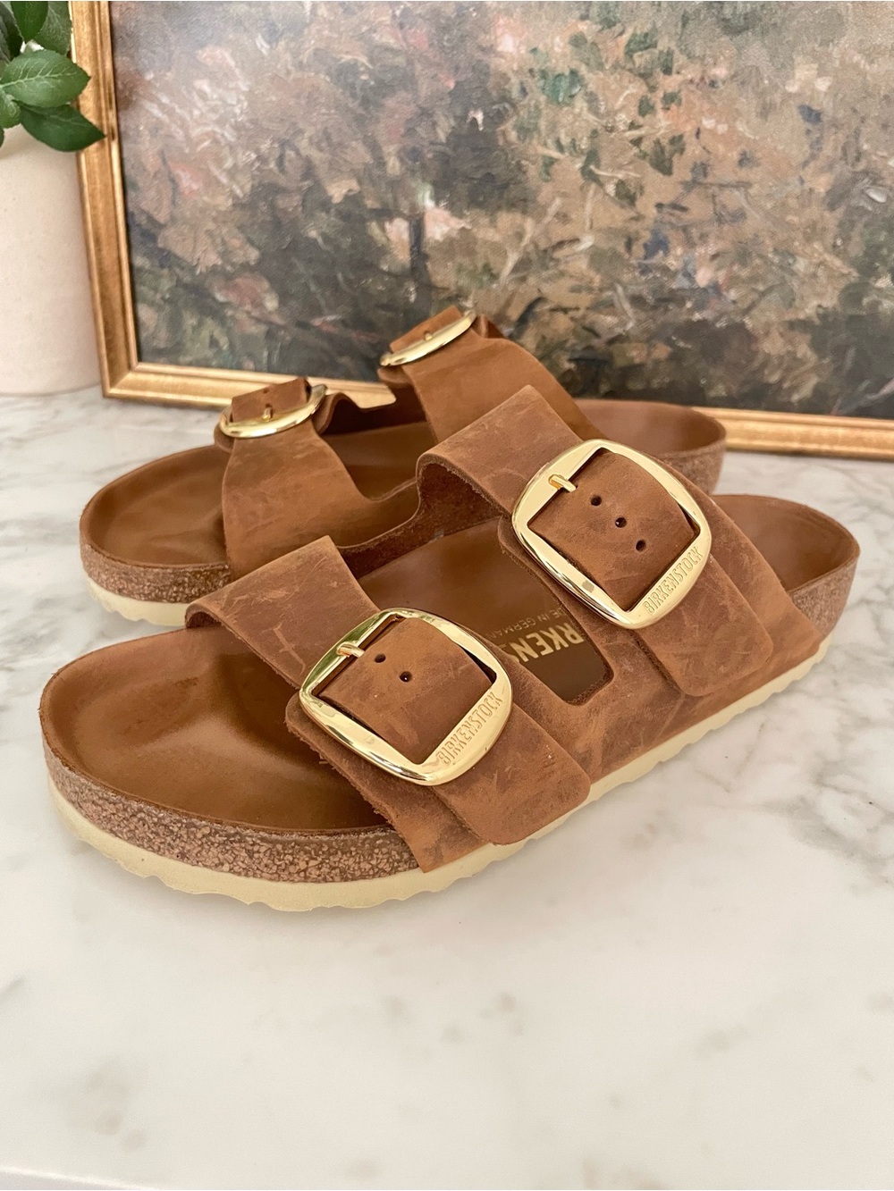 Birkenstock Arizona Big Buckle Cognac Brown Leather Regular Width Size 39 Gold - Picture 3 of 7